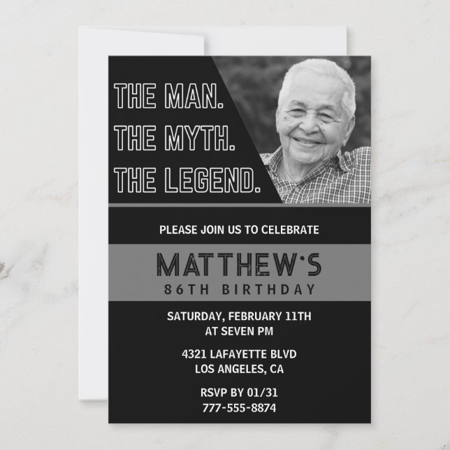 Black 86th cumpleaños invitaciones The Man The Leg (Anverso)