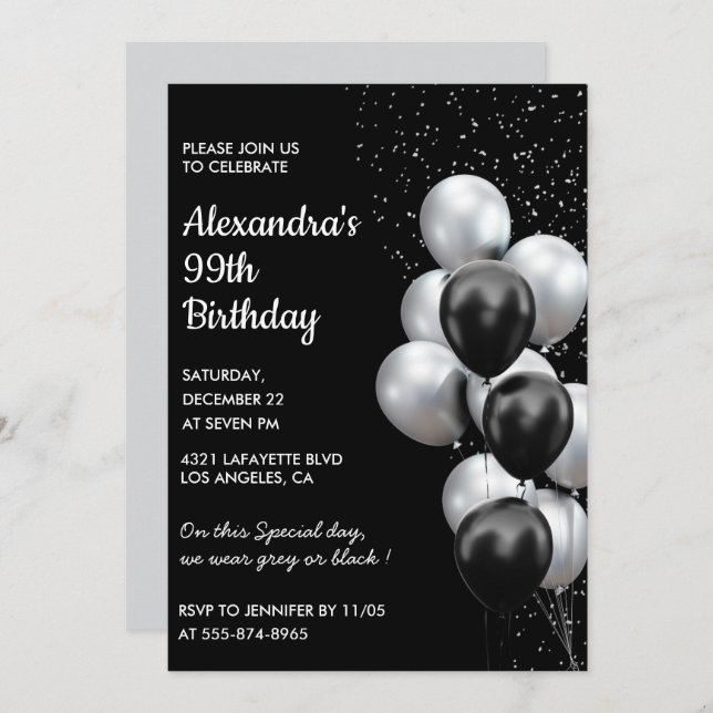Black 99th cumpleaños invitaciones Globos Plata (Anverso / Reverso)