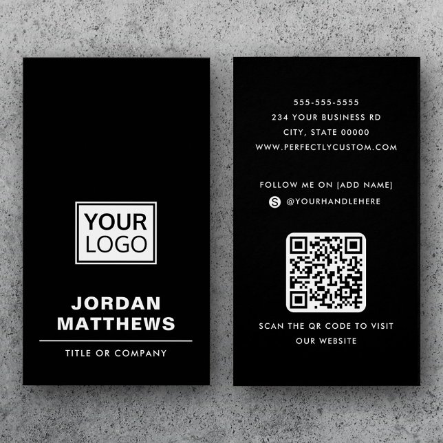 Black add logo social media QR código tarjeta de p (Black add logo social media QR code business card)