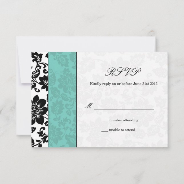 Black and Aqua Damask Wedding RSVP (Anverso)