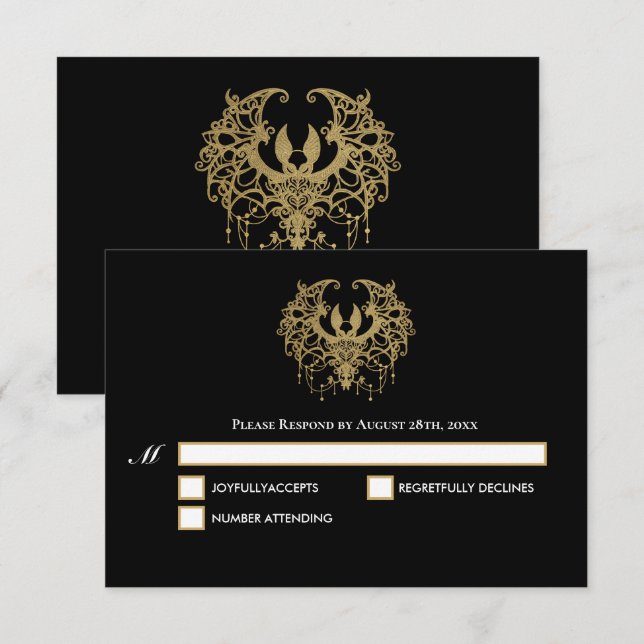 Black and gold Gothic Halloween Wedding RSVP Card (Anverso / Reverso)