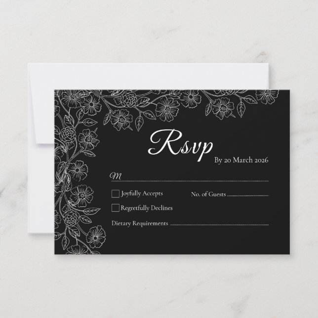 Black and White Floral Line Art Wedding RSVP Card (Anverso)