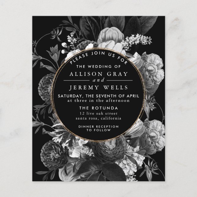 Black and White Floral Wedding Invitation Flyer (Frente)