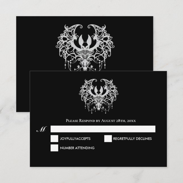 Black and white Gothic Halloween Wedding RSVP Card (Anverso / Reverso)