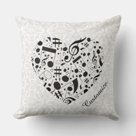 Black and White Music Notes Heart Cojín decorativo