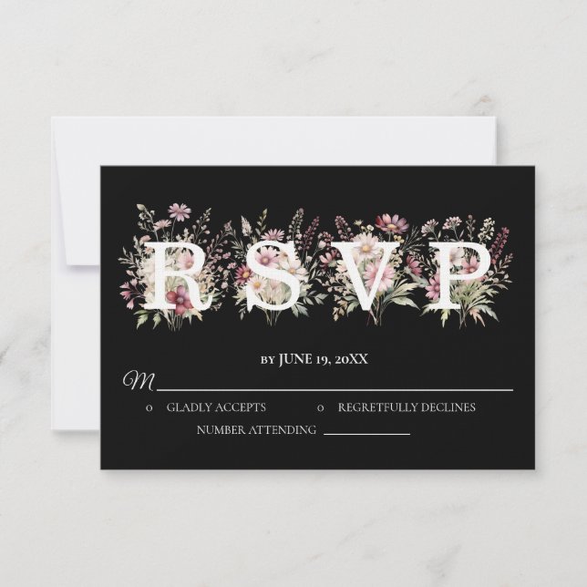 Black and White Spring Floral Wedding RSVP card (Anverso)
