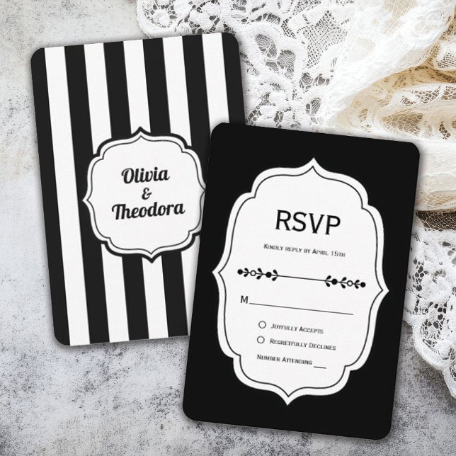 black and white  stripe wedding RSVP Cards (Subido por el creador)