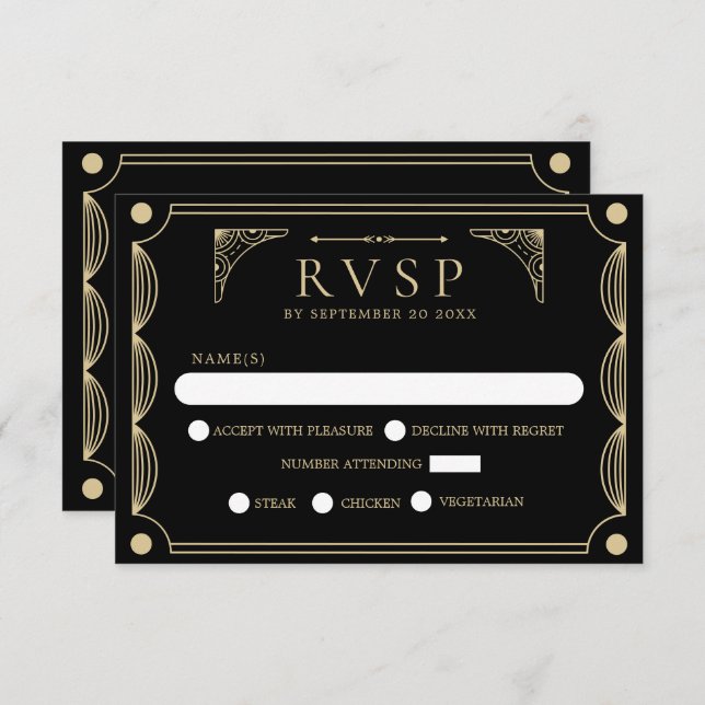 Black Art Deco Wedding RSVP (Anverso / Reverso)