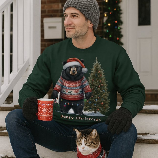 Black Bear in Christmas Sweater Holiday Sweatshirt (Cozy porch moment with hot coffee, cat and "Beary Christmas" sweatshirt.  Available in many colors)