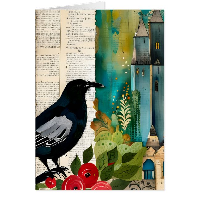 Black Bird Collage Vintage Style Blank Inside Card (Frente)