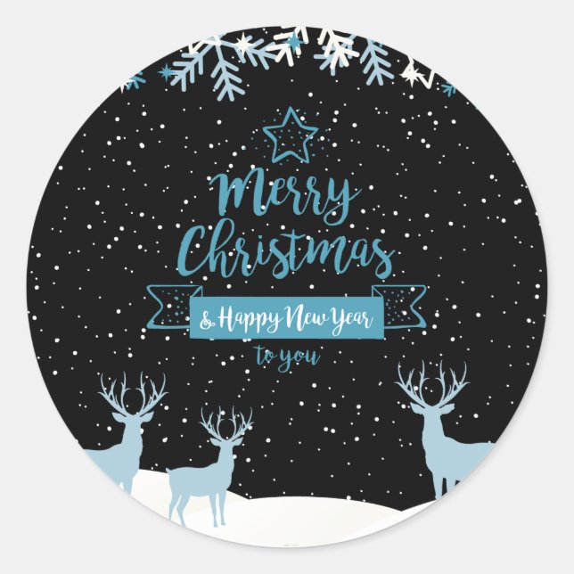 Black Blue Merry Christmas Clasiic Round Pegatina (Anverso)