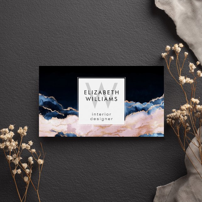 Black Blue Pink Rose Gold Monogram Business Cards (Subido por el creador)