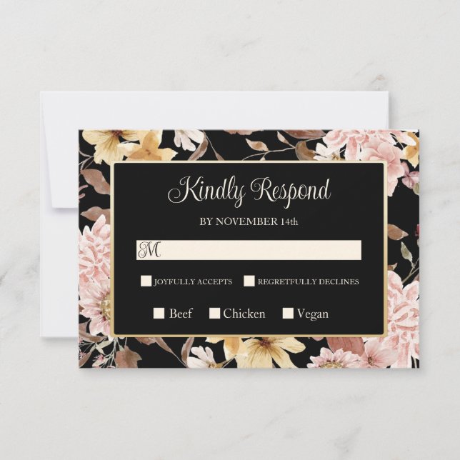 Black Boho Blooms & Bird Wedding RSVP (Anverso)
