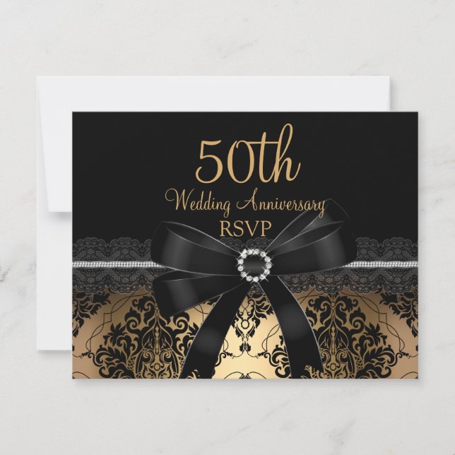 Black Bow & Damask Gold 50º aniversario RSVP (Anverso)