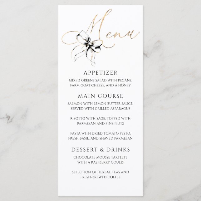 Black Bow Gold Typography Elegant Party Menu (Anverso)