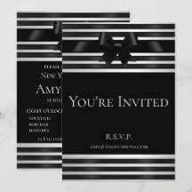 Black Bow White Stripes Invitación a Nochevieja