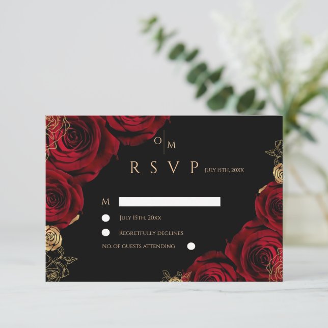 Black Burgundy Roses Wedding RSVP card (Anverso de pie)