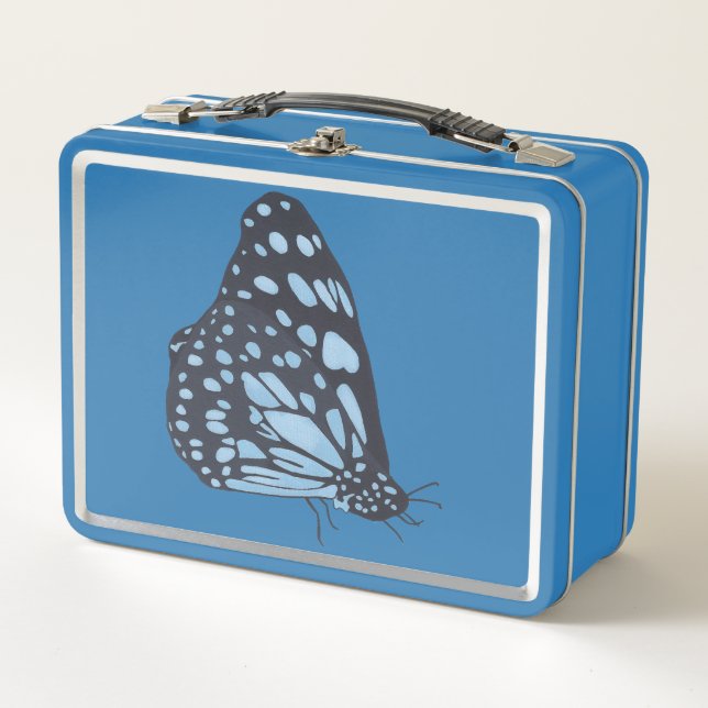 Black butterfly with blue spots, metal lunch boxes (Anverso)