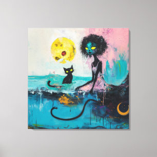 Black Cat Moon Ocean Pink Magical Witchen Arte de