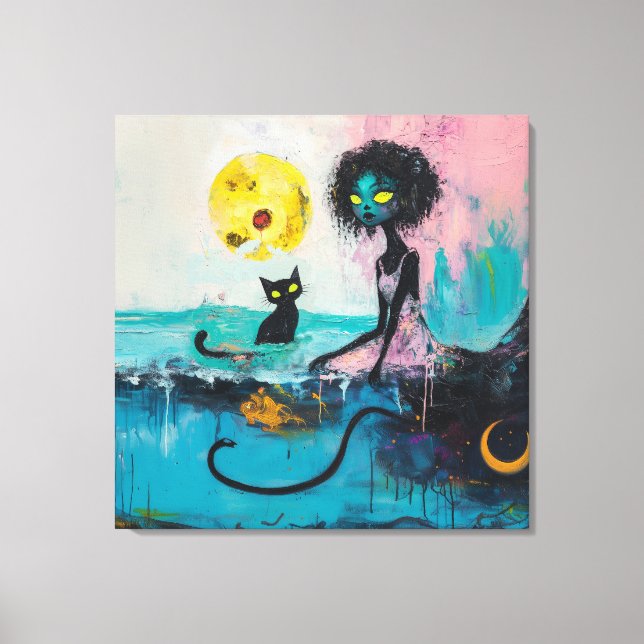 Black Cat Moon Ocean Pink Magical Witchen Arte de  (Anverso)