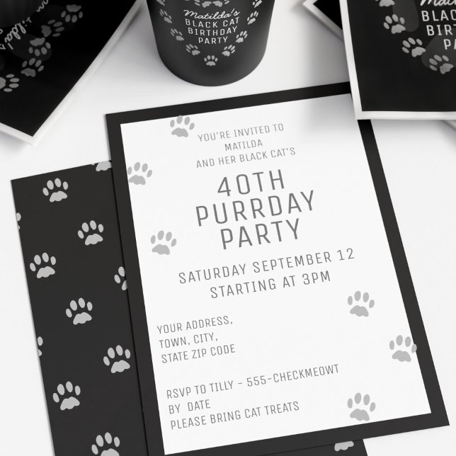 Black Cat Paw Imprimir 40ª invitación de fiesta de (Happy Purrday to you! If you're hosting a cat themed 40th (and you really should) here's the invite!)