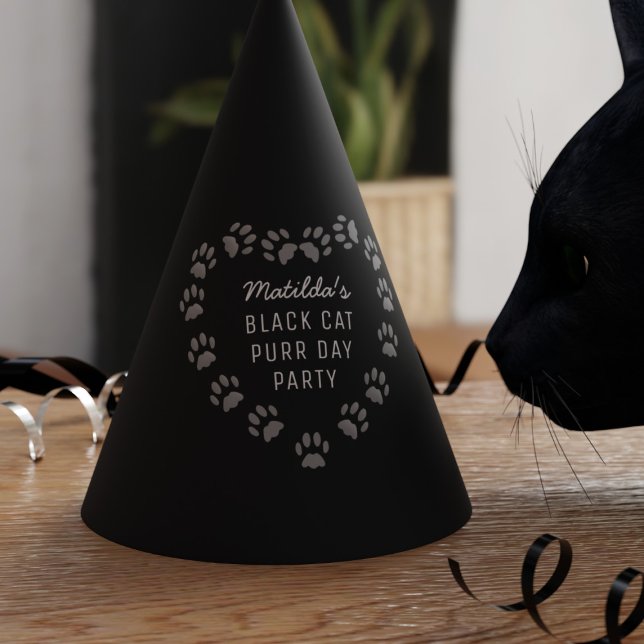 Black Cat Paw Print Heart Birthday Party Gorra (Purrfect party hats for your black cat (and you))