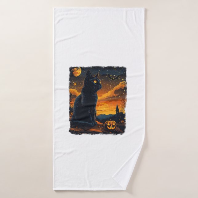 Black Cat Starry Night Van Gogh Pumpkins Bats Hall (Toalla de baño)
