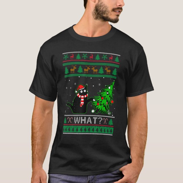 Black Cat Ugly Christmas Sweater Tree Over Cat Wha (Anverso)
