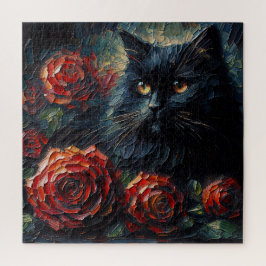 Black Cat With Red Roses Gothic Puzzle