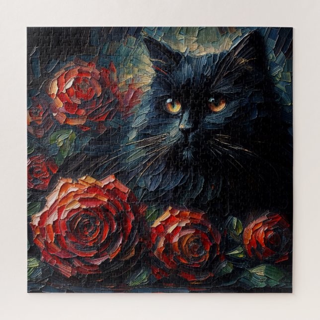 Black Cat With Red Roses Gothic Puzzle (Vertical)