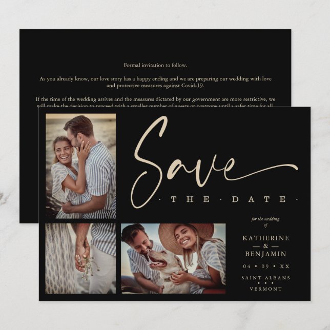 Black Chic Trendy Collage Wedding Covid19 3 Photos (Anverso / Reverso)