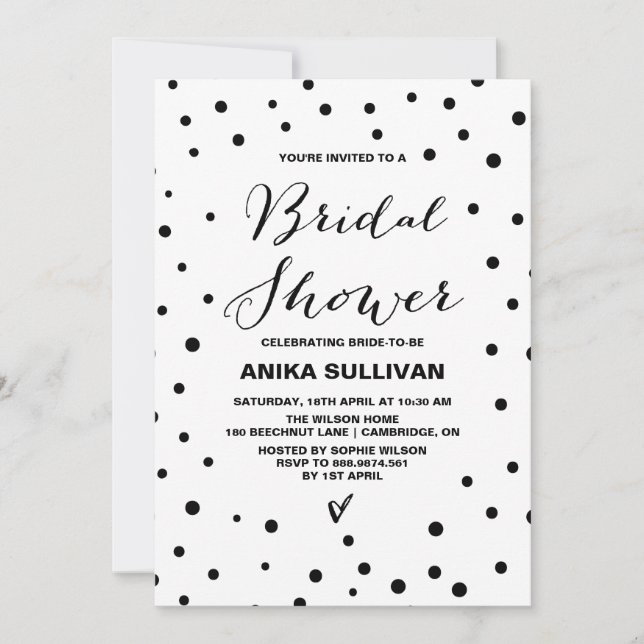 Black Confetti Dots Bridal Shower Invitación (Anverso)