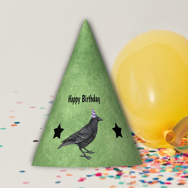 Black Crow Purple Birday Party Gorras Green (Black crow in purple striped party hat black stars on green Birthday paper party hat.)