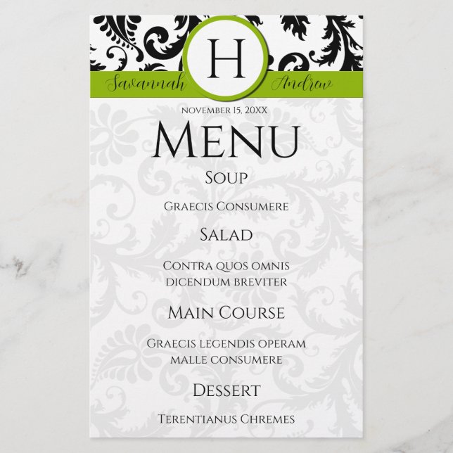 Black Damak Swirls Monograma Apple Green Menu (Anverso)