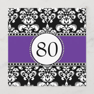 Black Damask 80 cumpleaños invitaciones moradas