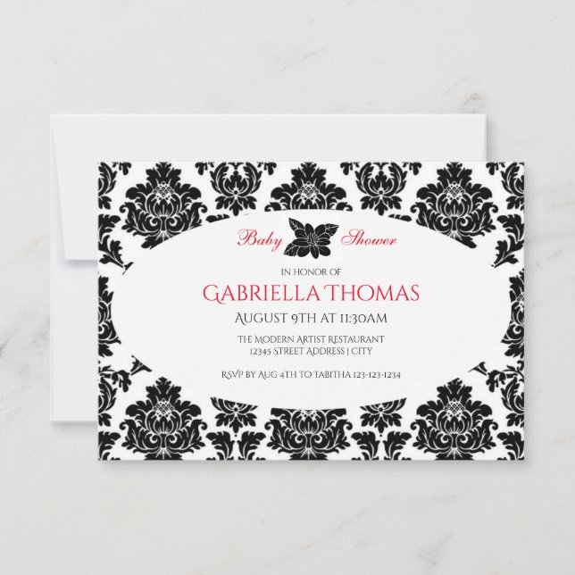 Black Damask & Flor - Invitación para Baby Shower  (Anverso)