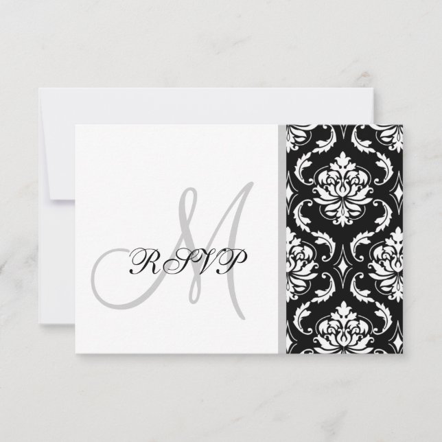Black Damask Monogram Wedding RSVP (Anverso)
