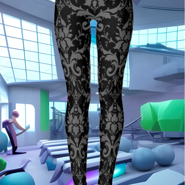 Black Damask Pattern Women's Workout Leggings (Subido por el creador)