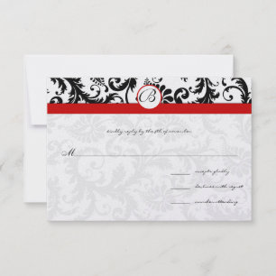 Black Damask Swirls Red Trim Wedding RSVP