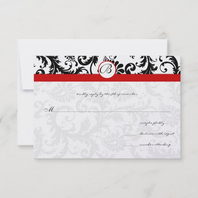 Black Damask Swirls Red Trim Wedding RSVP (Anverso)