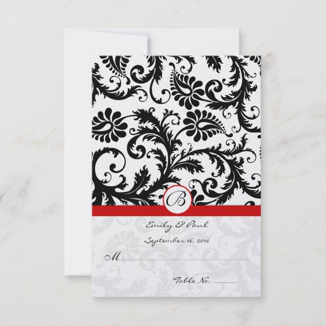 Black Damask Swirls Red Trim Wedding RSVP (Anverso)