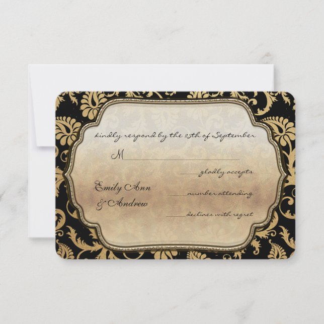 Black Damask Swirls Wedding RSVP (Anverso)