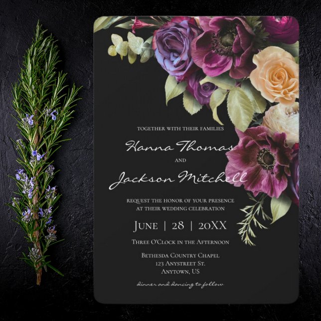 Black Dark Moody Elegant Invitación a la boda flor (Subido por el creador)