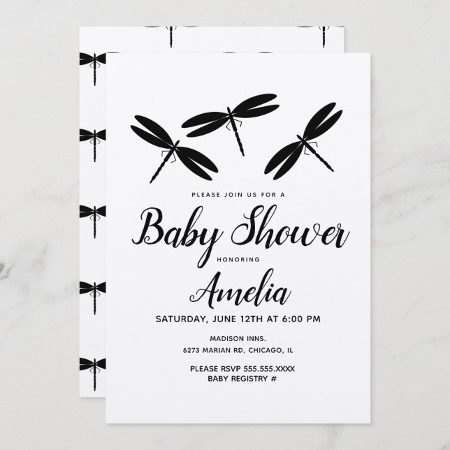 Black Dragonflies Invitación Rustica a Baby Shower (Anverso / Reverso)