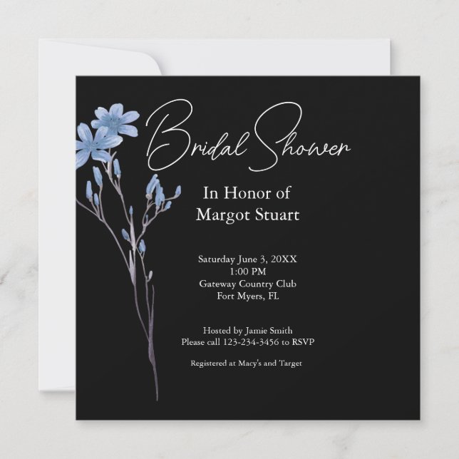 Black Elegant Flor White Script Bridal Shower (Anverso)