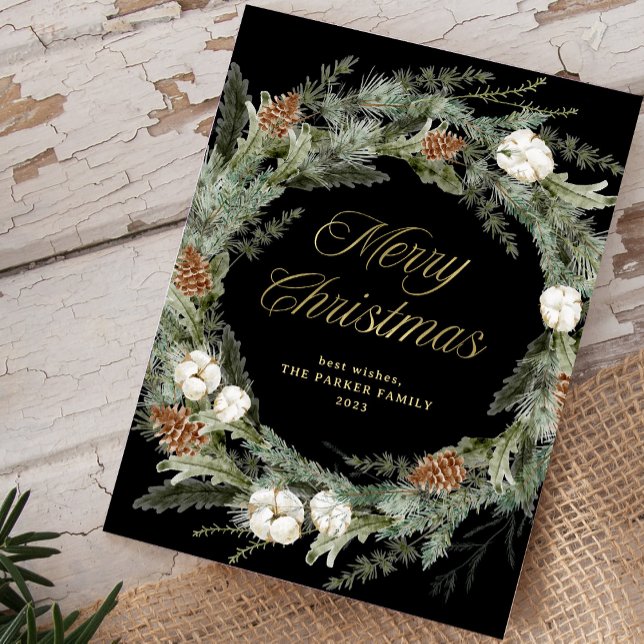 Black Elegant Pine Wreath | Navidad dorada (An elegant, dark black holiday card with a traditional Christmas wreath and gold script)