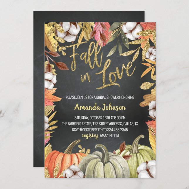 Black Fall In Love Bridal Shower Invitación (Anverso / Reverso)