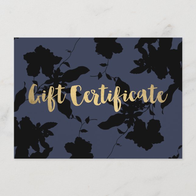 Black Floral Gold Text Blue Gift Certificado (Anverso)