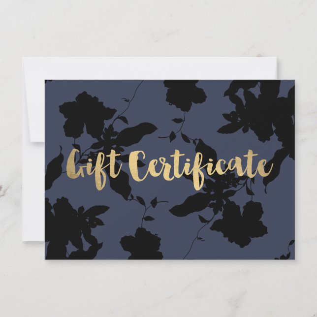 Black Floral Gold Text Blue Gift Certificado (Anverso)
