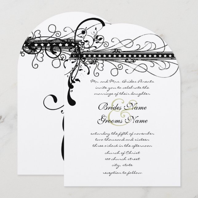 Black Funky Elegant Swirls Invitación a la boda (Anverso / Reverso)
